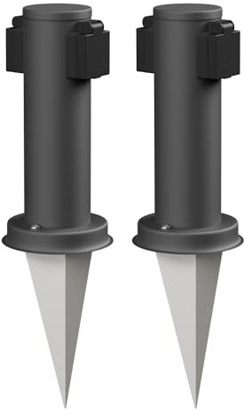 ledscom.de 2 Stück Garten-Steckdosen-Säule PORU mit Erdspieß für außen, 2-Fach, Edelstahl, anthrazit, rund, 27cm