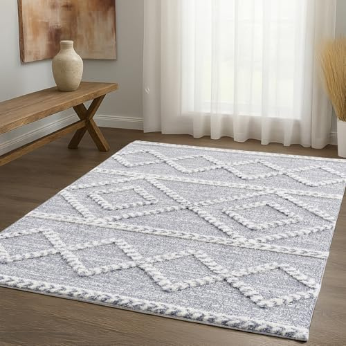 payé Teppich Wohnzimmer Hochflor - Boho - Pastellgrau Creme - 120x170cm - Raute Muster - Skandinavisch Flauschig Weich - Wohnteppich Schlafzimmer Dekoration
