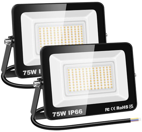 RIGIDON 2x 75W Luci da Esterno, 7500 Lumens Faretto Led, Fari di Sicurezza, Proiettore Led Esterno, Faretti LED Lampada Luce Bianca Naturale 3000K, IP66 Per Giardino Cortile Garage Piazza Officina