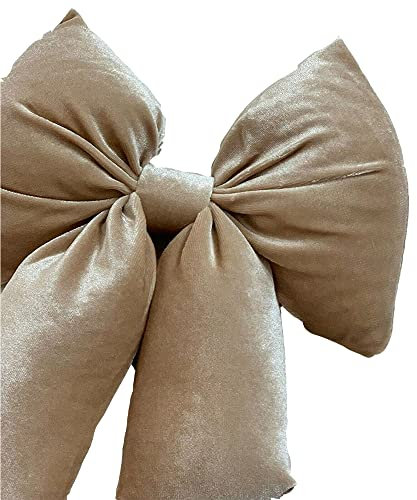 Generico Fiocco in Velluto Imbottito Cipria Beige Decorazione Natalizia Puntale Albero di Natale Fuori Porta Coccarda Ghirlanda addobbo Crema Dorato (11x20 cm)