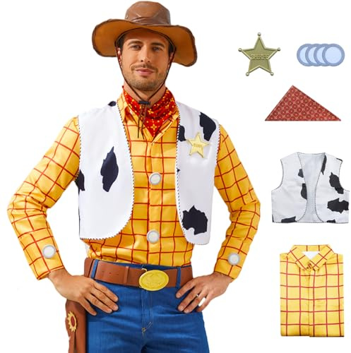 AYYOHON Cowboy Costume Adult Western Plaid Shirt Vest Neckerchief Sheriff Badge Set Mens Halloween Cosplay Outfits L