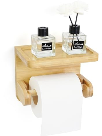 Porta Carta Igienica Legno, Porta Rotolo Carta Igienica con Vassoio, Porta Carta Igienica per Bagno, Porta Rotolo Carta Igienica da Parete Installazione Rapida Incollare Forare(Naturale)