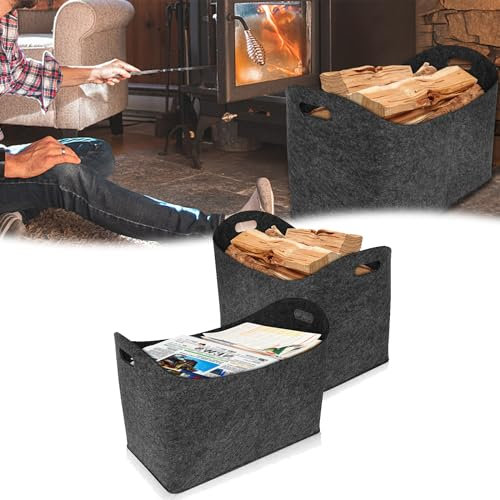 JOIEYOU Lot de 2 sacs en feutre - Pliable - Avec poignées - Pour bois, journaux, bois de cheminée - 55 x 30 x 40 cm - Gris foncé