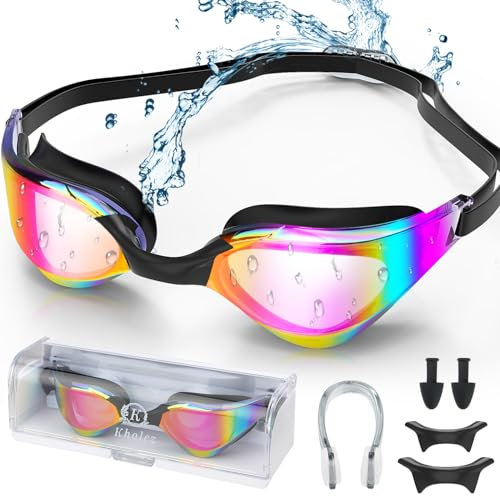 KHOLEZ Schwimmbrille, Unisex Swimming Goggles mit Nasenklammern Ohrstöpsel, Anti-Beschlag Anti-UV kein Auslaufen klare Sicht Taucherbrille für Herren Männer Frauen Erwachsene Jugendliche Kinder