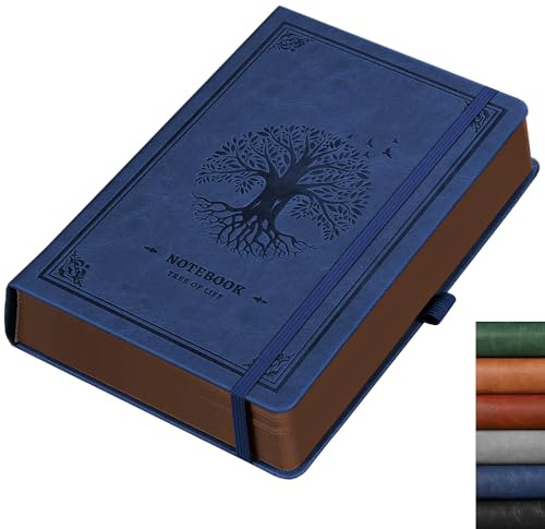 RETTACY tjock A5-anteckningsbok linjerad, inbunden läder anteckningsblock med 320 numrerade sidor för att skriva, 100 gsm papper, för kvinnor män arbete kontor skola, 14,5 x 21 cm blå