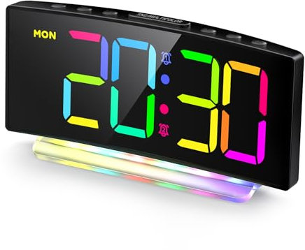 HERMIC Wecker, Wecker Digital LED mit 7 Farben RGB Nachtlicht, Netzbetrieben Digitalwecker mit 8 Farben Digitalanzeige, 2 Alarme, Snooze, 12/24h, Einstellbare Lautstärke und Helligkeit (inkl. Adapter)