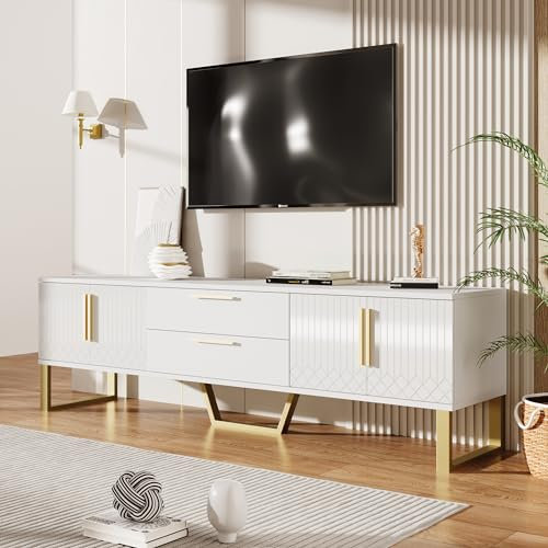 Gegtuon TV-Schrank Fernsehtisch 170 cm für 60/65 Zoll TVs, Fernsehschrank Lowboard mit 2 Stauraum Schubladen & 4 Türen, TV Board mit Fächern, Sideboard Möbel für Wohnzimmer, 170x54x40cm (Weiß)