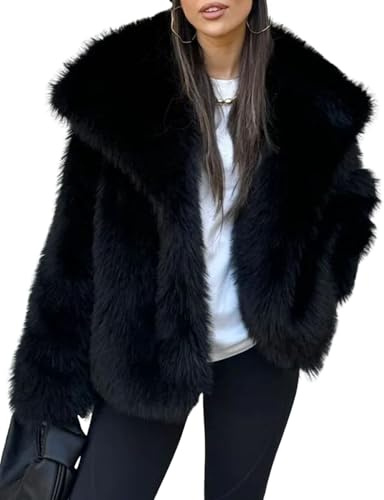 Yimoon Womens Faux Fur Coat Lapel Open Front Fluffy Shaggy Jacket Winter Warm Furry Overcoat(Black-XL)
