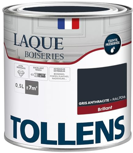 Tollens - Peinture, Laque, Ultra Résistante, Multisupport, Brillant, Gris Anthracite, 0.5L = 7m2