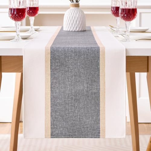 Camino de Mesa Gris Boho Algodón y Lino Camino de Mesa Moderno Empalme Raya Diseño Estilo de Granja Impermeable Ideal para Cena, Fiesta, Vacaciones 33x183