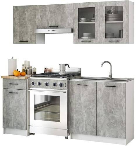 AKORD Küchenmöbel-Set OLIWIA 1.8m Modulares 180 cm 7 Türen 1 Schublade 8 Regalböden, Küche Komplett, Kitchen Cabinet Set, Küchenschränke, Standschränke, B180xH203xT46 cm, Beton & Beton