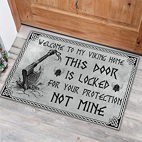 Viking Axe Welcome to My Viking Home This Door is Locked for Your Protection Not Mine Doormat, Valhalla Floor Mat for Viking Lover, Anti-Slip Door Mat for Indoor/Entrance, Mat for House Decor