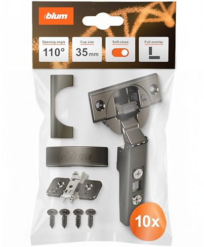 BLUM 10 bisagras para muebles, 110° en ónix, rectas, con muelle, tornillos, tope de esquina + clip Blum Clip placa de montaje en cruz excéntrica, acero, tornillos, distancia 0 mm (10 juegos)