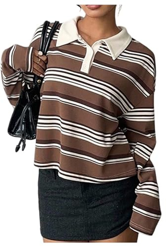 MakeMeChic Women's Striped Rugby Shirt Crop Tops Collared Long Sleeve Y2k Preppy Tee Tops Multicolor Small