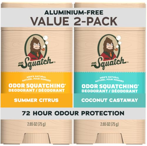 Dr. Squatch Naturlig deodorant för män – aluminiumfri naturlig deodorant för män med kol och postbiotika för 72-timmars luktskydd – sommar citrus och kokosnötskasta, 75 g pinne (2-pack)