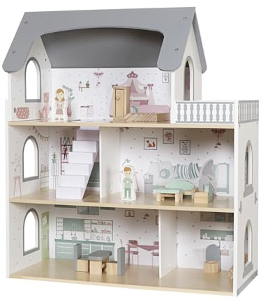 Grande maison de poupée en bois avec 3 étages et 5 pièces – Avec ensemble de meubles, figurines et balcon – MDF stable / bois de pin – À partir de 3 ans, villa conçue avec soin pour enfants, filles et