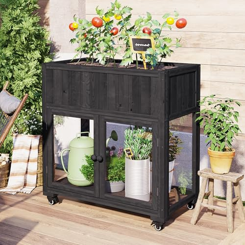 37.4 H Mini Wood Cold Frame Garden Greenhouse with 2 Doors and Wheels, Raised Bed with Liner for Indoor Outdoor Use, Black