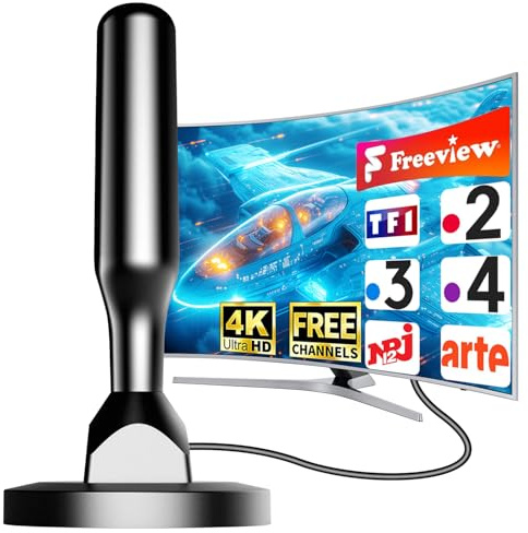 Antenne TV Intérieure Puissante – Antenne TNT HD 4K, Réception Longue Portée 360° sans Angle Mort, Antenne TV Numérique avec Câble Coaxial 5 m, Compatible DVB-T/T2