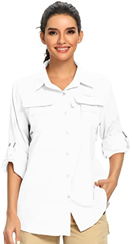 Jessie Kidden Womens Safari Shirts Sun Protection Sun Clothes for Women Outdoor Quick Dry Fishing Hiking Gardening Shirts (5055 White XL)