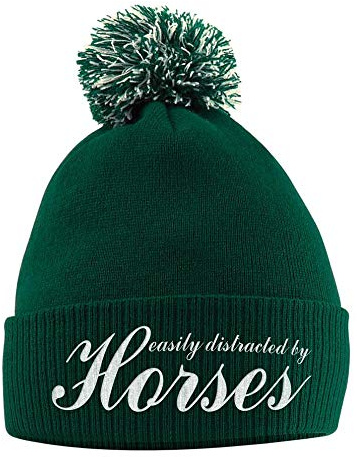 Easily Distracted By Horses Bobble Hat - Equestrian Accessories - Winter Beanie for Horse Loving Girls - Riding Presents for Women