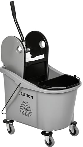 HOMCOM 9.5 Gallon (38 Quart) Mop Bucket with Wringer Cleaning Cart, 4 Moving Wheels, 2 Separate Buckets, & Mop-Handle Holder, Grey