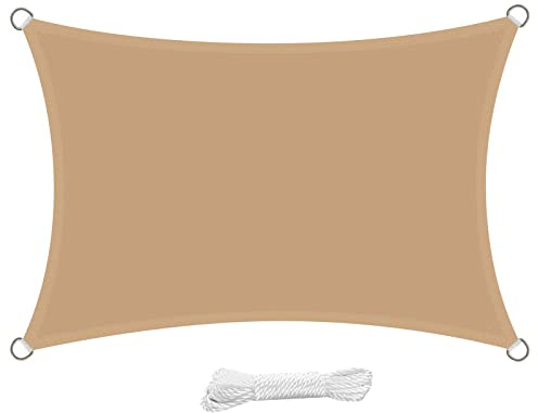 swift Toldo Vela de Sombra Rectangular 3x5 Metro PES Impermeable Protección Rayos UV 5x3 m para Patio Exteriores Jardín, Color Arena