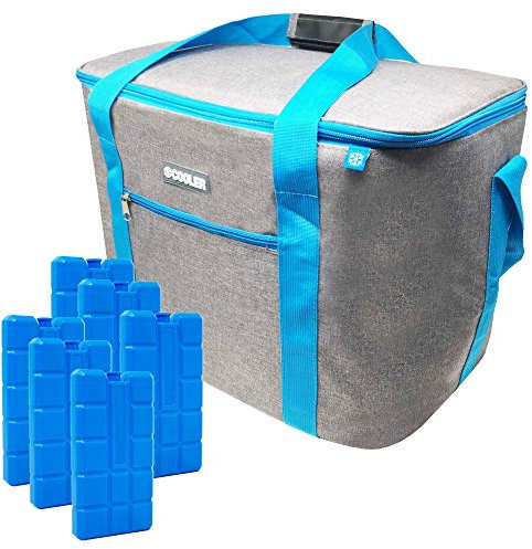 ToCi Kühltasche 36 Liter – Isoliertasche/Thermotasche mit 6 x 200ml Kühlakkus – Faltbarer Kühlbehälter für Picknick, Camping, Urlaub, Wandern & BBQ – Alternative zur Kühlbox, grau-blau