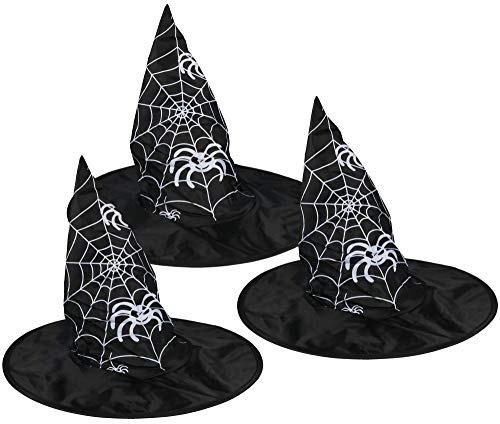 COM-FOUR® 3x häxhatt för häxdräkt - magikerhatt perfekt för karneval, Halloween (03 stycken - hatt spindelnät)