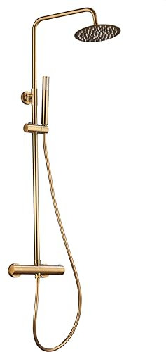 VALAZ Colonne de Douche Thermostatique | Douche Pluie, Mélangeur Eau Froide et Chaude | Installation Facile, Inoxydable | Longueur 80-120 cm, Pommeau 20 cm, Dorée Brossée Protection PVD, Série Ebro