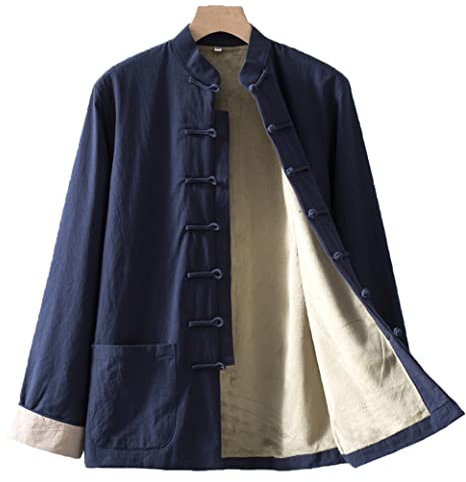 Winter reine Baumwolle Tang-Anzug Plüsch Tai Chi Uniform Herren chinesische traditionelle Kleidung Kung Fu Kleidung Flügel Chun Kleidung Langarm Hanfu Jacke Hemd Mantel Kampfsport, blau, XXL/3XL