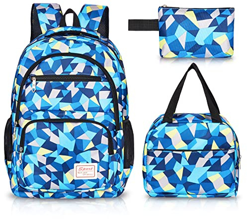 Sarmeley Backpack School Bag Lightweight for Girls Boys, 3 in 1 Book Bag Set Large Capacity, Waterproof Rucksack with Lunch Bag and Pencil Case for Kids Children Students Teenagers, Blue