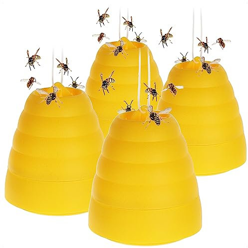 com-four® 4X Insektenfalle mit abnehmbarem Deckel - naturschützende Lebendfalle zum Aufhängen - tierfreundlicher Insektenschutz - Insektenfänger aus Kunststoff (Bienenstock-Design - 4 Stück)