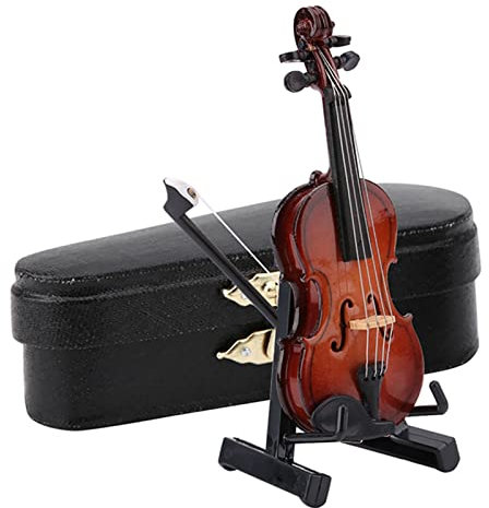 Mini violinmodell Mini musikinstrument modell, trä violinmodell dockhus tillbehör för skrivbord sängbord heminredning, miniatyr violinmodell med stativ fodral modell dekoration