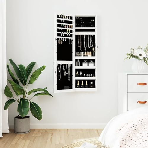 CIADAZ Spegel med smyckeskrin och LED-vägglampor vit, badrumsspegel, vardagsrumsspegel, entréspegel, vardagsrumsmöbel SPU:353253