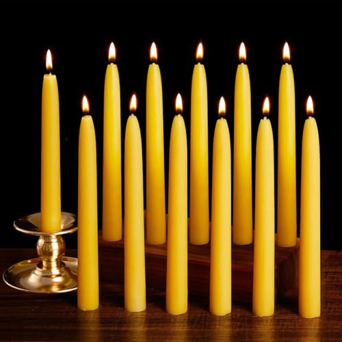 Ashlux 100% Pure Beeswax Taper Candles 12 Pack – 8 Hour Burn Time, Unscented & Smokeless – Perfect for Dinner Table, Cosy Home Ambience & Special Occasions