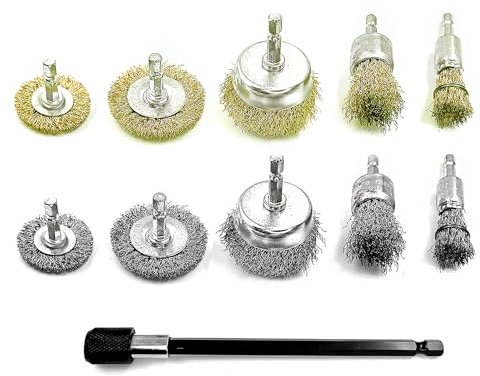 Daily Treasures 10 Pack Wire Wheel Cup Brush Set for Drill Abrasive with 1/4 Hex Shank, Extension Rod for Safty, Brass Coated Crimped Drill Sanding Attachment, Metal Brush for Drill Rust Removal