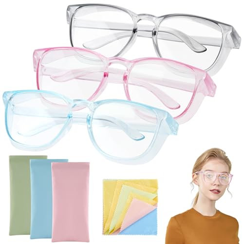 3 Stück Blaulichtfilter Brille, Brillengläser mit Seitenschutz für Effektiven Staubschutzr, Männer und Frauen, Schutzbrille &3 Stück Brillenetui Weich und 5 Stück Reinigungstuch& Anti-Blaulicht-