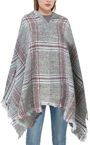 crazy bean Poncho para Mujer Cape Poncho con Capucha Plaid Cape Punto Chal Holgado para Otoño Invierno