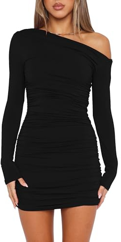 Mokoru Women's Sexy Elegant Off Shoulder Long Sleeve Ruched Bodycon Cocktail Party Mini Dresses, X-Large, Black