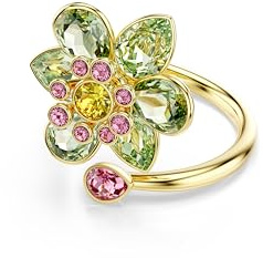 Swarovski Idyllia Anello Aperto, Gioiello Versatile con Cristalli Verdi, Rosa e Gialli, Pietre Preziose a Taglio Misto, Motivo a Fiore, Placcatura in Tonalità Oro, Taglia 60