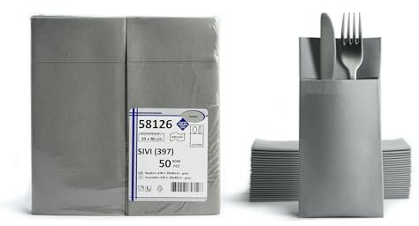 AROBA 1000 x Airlaid Cutlery Napkins (Grey, 39 x 40 cm), High-Quality Napkin Pockets, Ready-Folded Cutlery Pockets, Fabric-like Airlaid Napkins