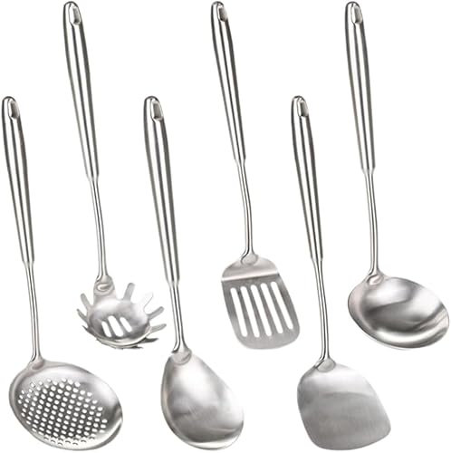 Juego de 6 utensilios de cocina de acero inoxidable, metal 304, aptos para lavavajillas, ergonómicos y cómodos, juego de cucharón de sopa, cuchara y espumadera