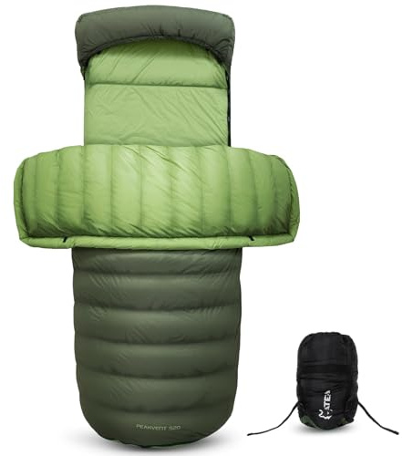 ATEPA 700FP Sac de couchage en duvet pour adulte, ultra léger, rectangulaire, 3 saisons (confort 6 °C) avec système de fixation de matelas isolant et sac de compression pour randonnée et camping, vert