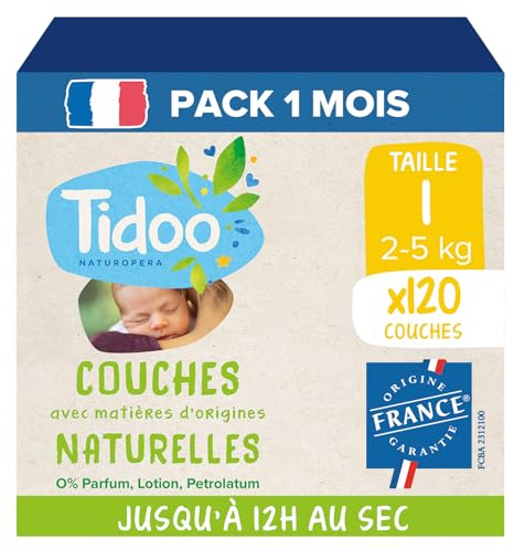 TIDOO - Couches écologique Taille 1 (2-5kg) - Origine Naturelle, sans substances nocives - 12h au sec, ultra absorbantes - Fabriquées en France - 120 Couches Jetables - Pack 1 Mois
