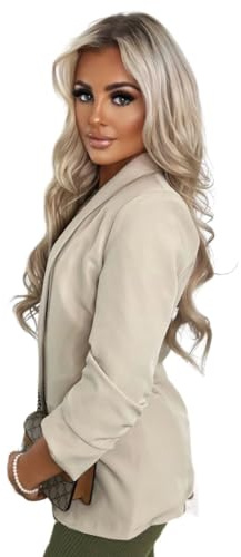 Divadames Blazer för kvinnor, öppen framsida, ledig kofta rynkad ärm, arbete, kontor, blazer, jacka med fickor, BEIgE, 40
