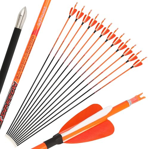 SHARROW Bogenschießen Carbonpfeile 32 Zoll Jagdpfeile Carbon Pfeile Spine 400-1000 Befiederung 2 Zoll Naturfedern Bogenpfeile für Compoundbogen Recurvebogen (12, Orange, Spine 900)