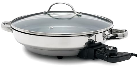 GreenPan Bistro 12 Round Electric Skillet with Glass Lid, 3.3QT Capacity, Stainless Steel 6-in-1 Multifunction Pan, PFAS-Free Ceramic Nonstick, Temperature Dial, Dishwasher Safe