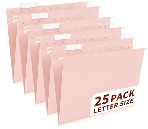 Hängemappen, Briefgröße (21,6 x 27,9 cm), inklusive 35 transparenten Etikettenkarten und 50 Aufkleber-Etiketten, 1/5-geschnittene Reiter für Zuhause und Büro, 25 Stück, Rosa