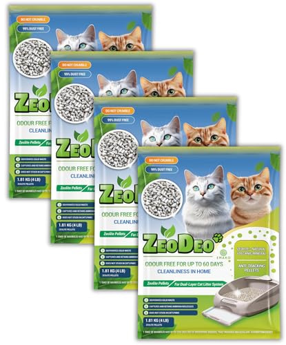 ZeoDeo- Granulés de litière pour Chats à la zéolite Naturelle pour systèmes de litière pour Chats à Double Couche -'''ZeoDeo''-Natural Zeolite Cat Litter Pellets (Set 4 X 1.81 kg (7,24 kg))