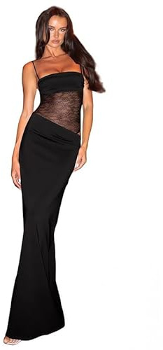 Sukiglam Robe Femme Sexy sans Manches Maxi Robes Transparente Dentelle Patchwork Chic Bretelles Spaghetti Col Carré Robe Longue Moulante Ete Elégant Dos Nu Robes de Soiree Cocktail Clubbing Fête